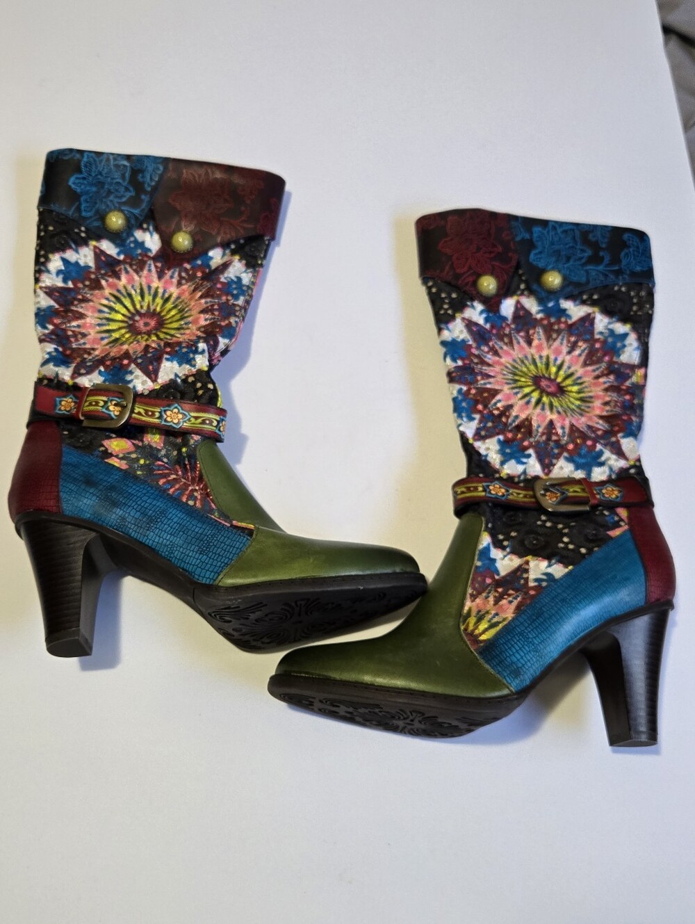 Multicolor Mid-Calf Heeled Boots with Green Leather Toe